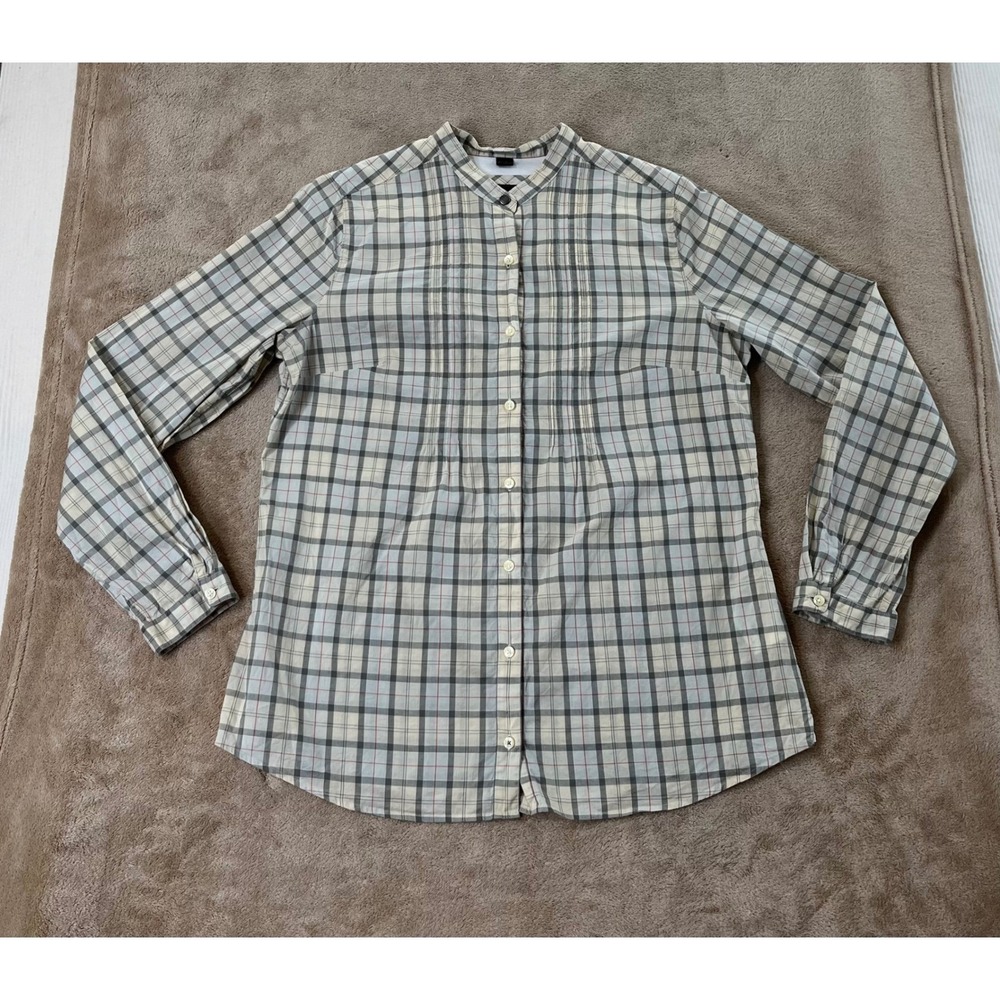 Barbour Bowes‎ Dress Pintuck Band Collar Shirt Women's 10 Cream Gray Plaid EUC